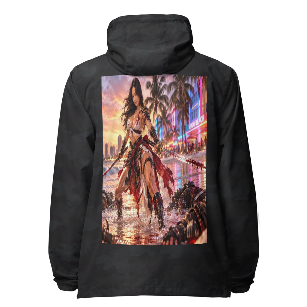 Miami Beach Ronin Windbreaker, black camo back: back print of a dual-katana warrior in the surf before a neon Miami Beach skyline