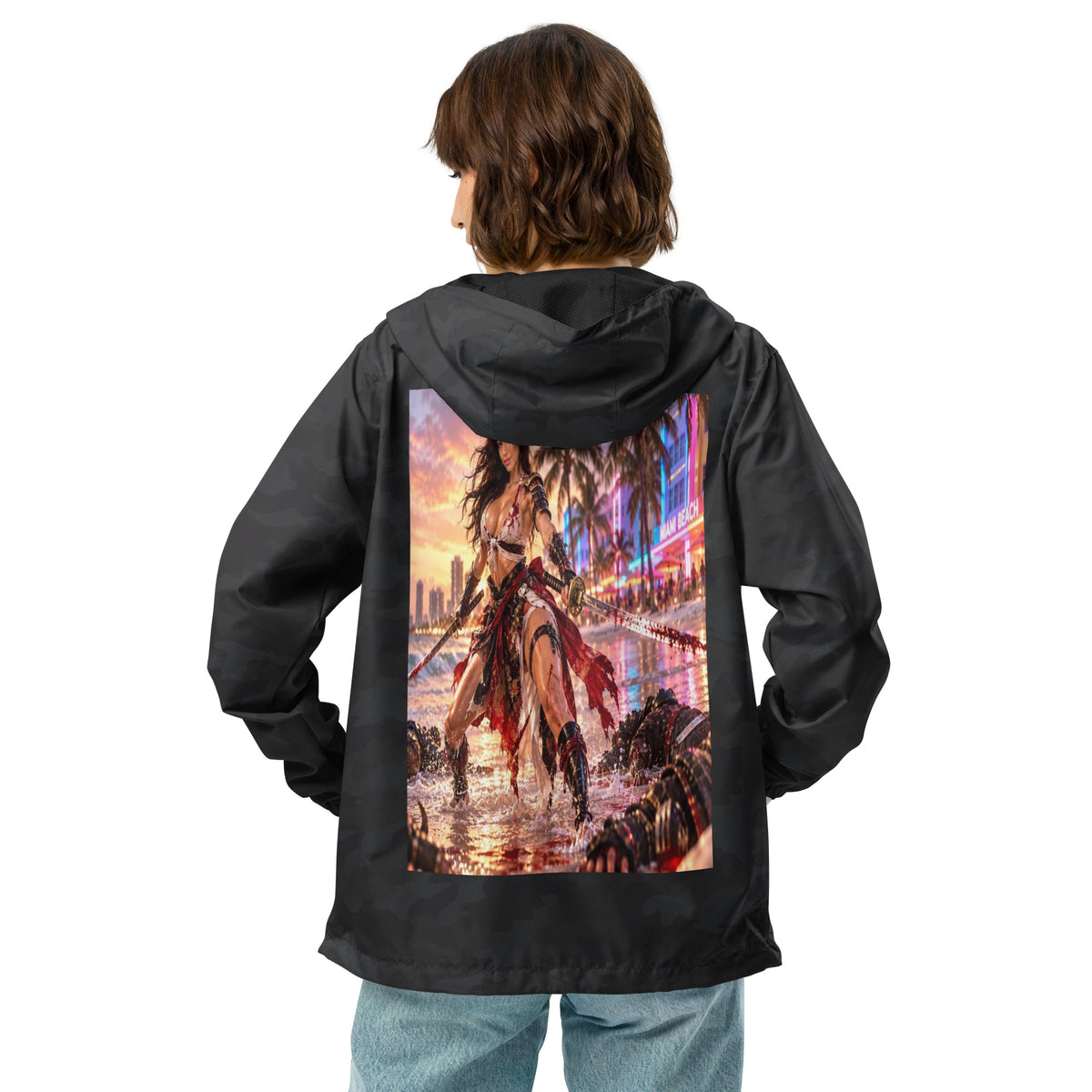Miami Beach Ronin Windbreaker, black camo back: back print of a dual-katana warrior in the surf before a neon Miami Beach skyline