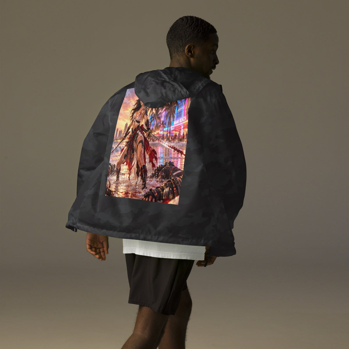 Miami Beach Ronin Windbreaker, black camo back: back print of a dual-katana warrior in the surf before a neon Miami Beach skyline