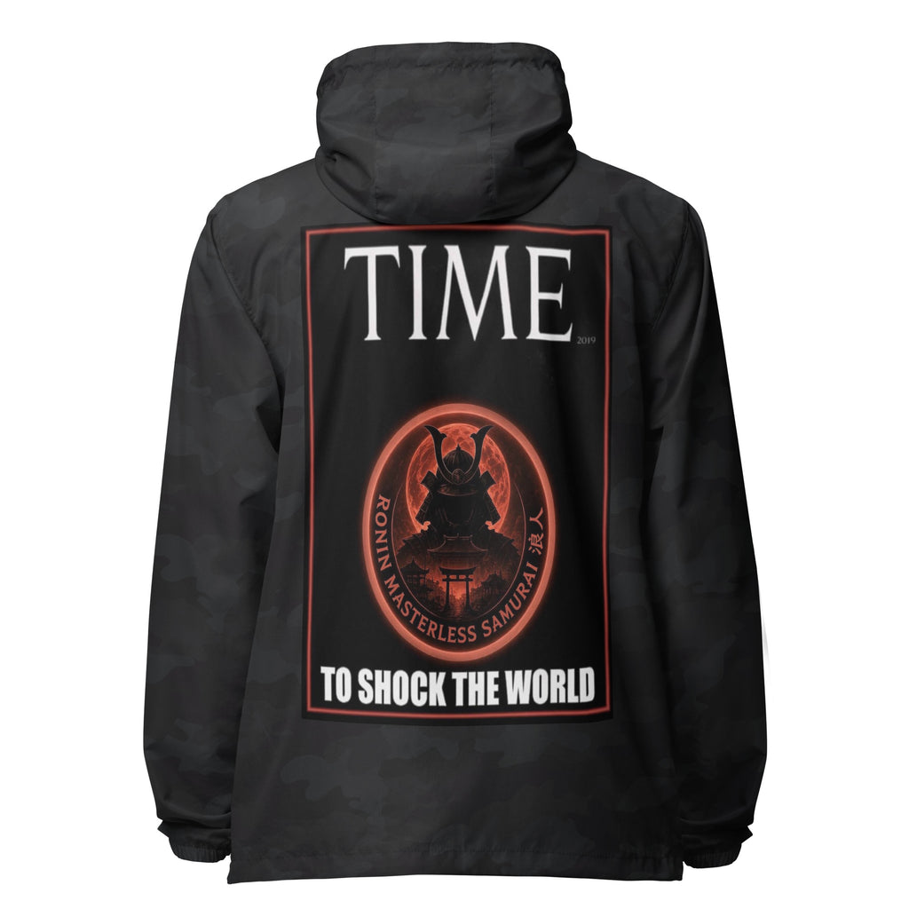 Ronin Cover Story Windbreaker, black camo back: back print of a red-framed cover-style poster with the round RONIN samurai seal and TO SHOCK THE WORLD