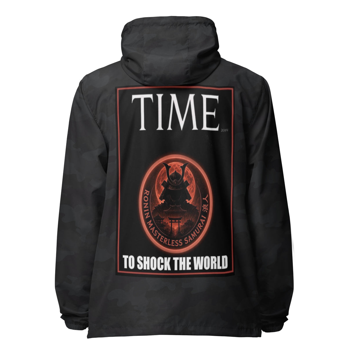 Ronin Cover Story Windbreaker, black camo back: back print of a red-framed cover-style poster with the round RONIN samurai seal and TO SHOCK THE WORLD
