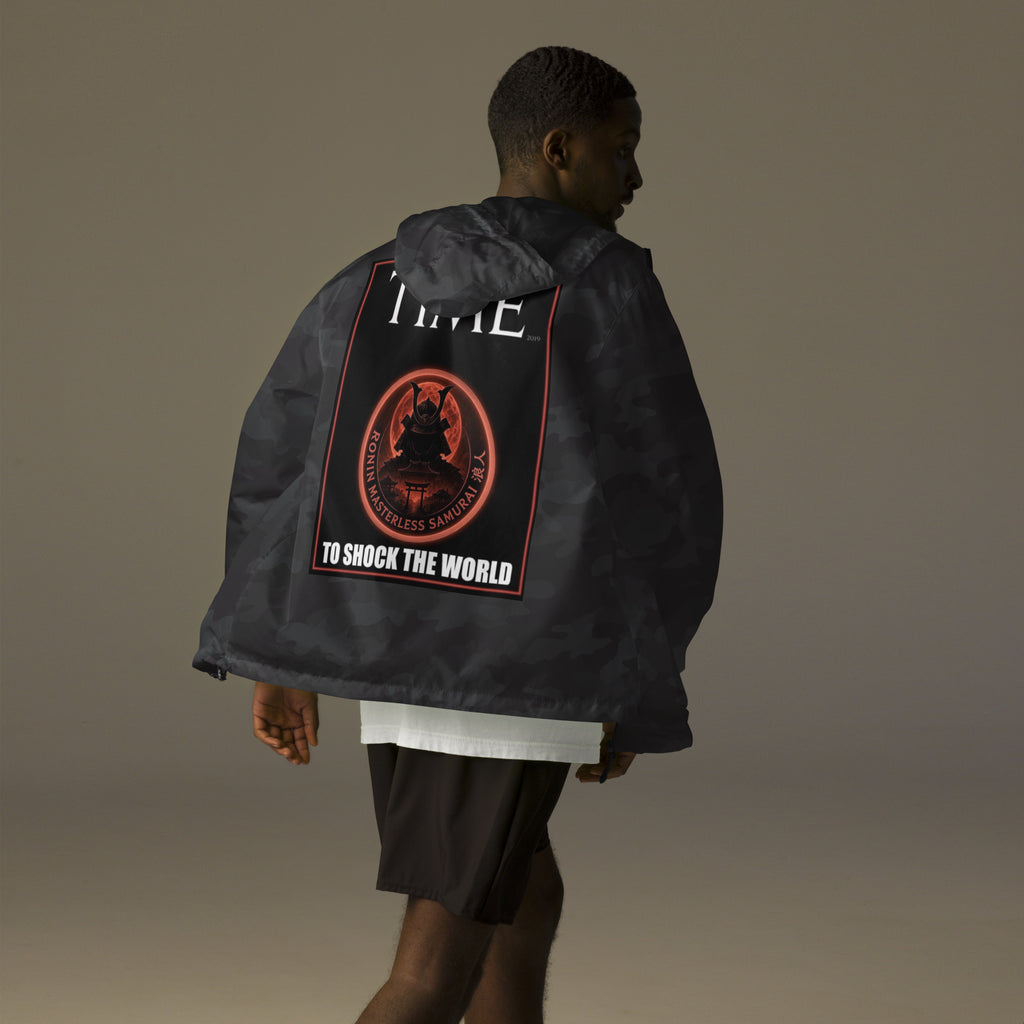 Ronin Cover Story Windbreaker, black camo back: back print of a red-framed cover-style poster with the round RONIN samurai seal and TO SHOCK THE WORLD