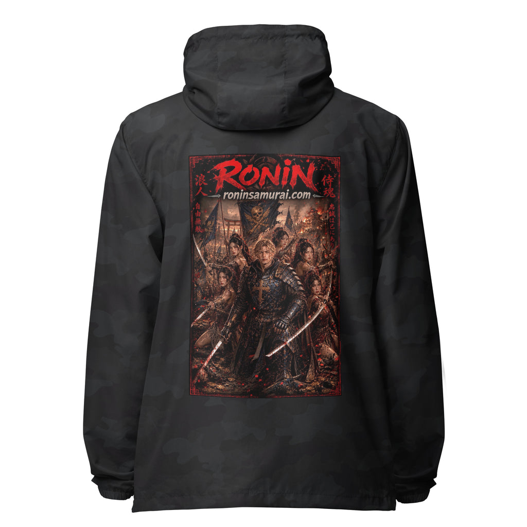 Ronin Warband Windbreaker, black camo back: back print of an armored warband on a burning battlefield under a red RONIN title