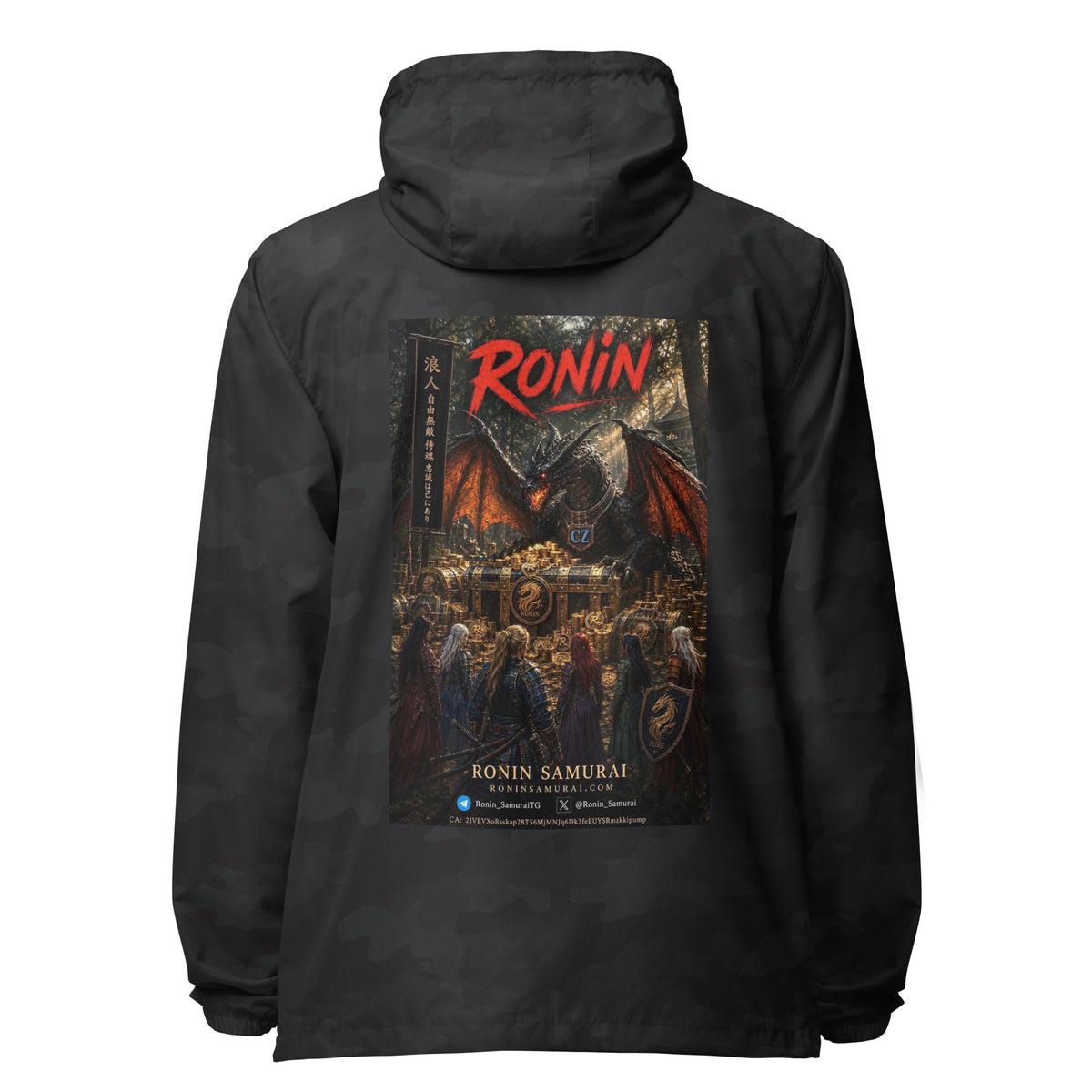 Golden Dragon Ronin Windbreaker, black camo back: back print of a dark dragon on a golden hoard facing armored warriors, red RONIN