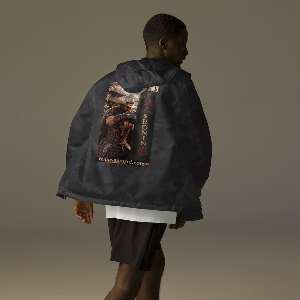 Heavy Bag Ronin Windbreaker, black camo back: back print of a cowboy-hat samurai boxer punching a heavy bag lettered 浪人 $RONIN
