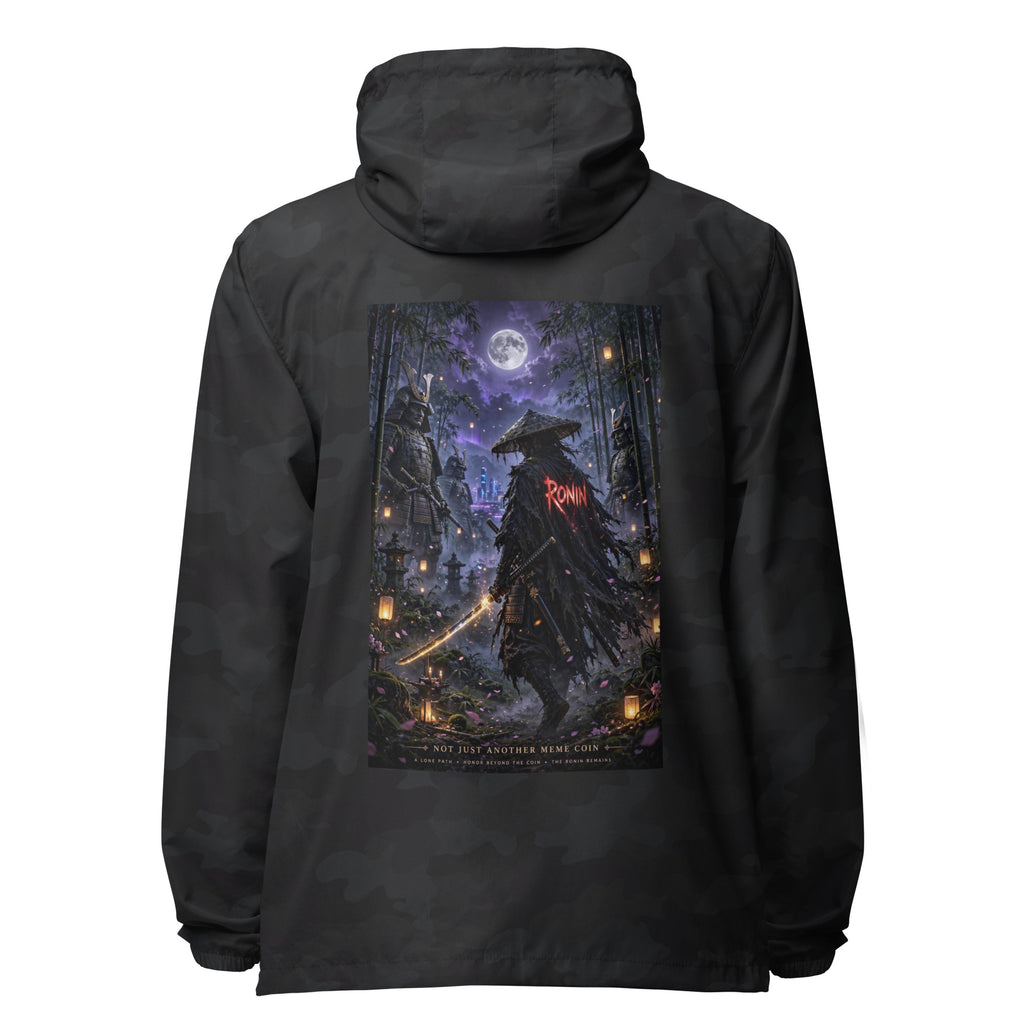 Bamboo Moon Ronin Windbreaker, black camo back: back print of a straw-hat ronin with a glowing katana in a moonlit lantern bamboo grove