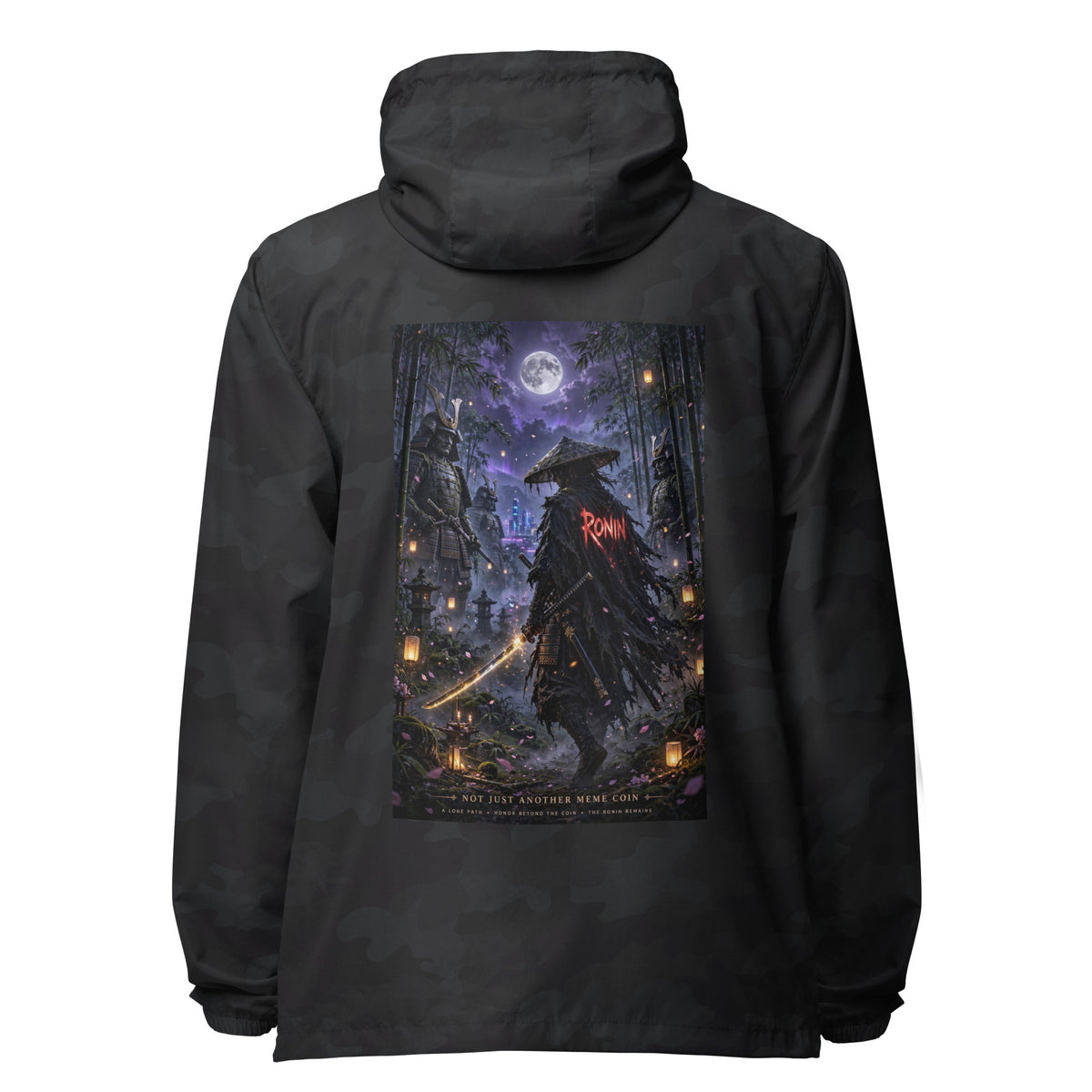 Bamboo Moon Ronin Windbreaker, black camo back: back print of a straw-hat ronin with a glowing katana in a moonlit lantern bamboo grove