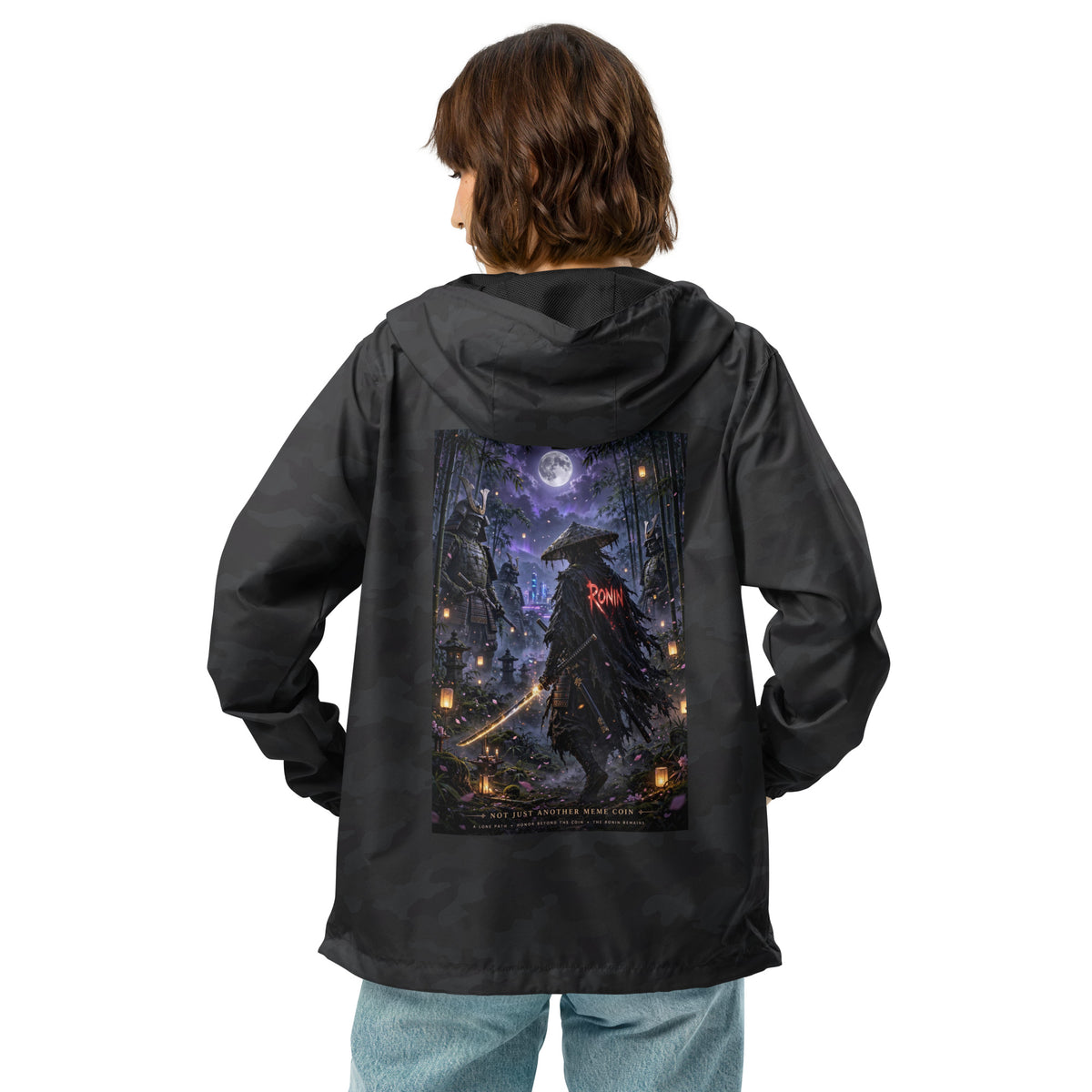 Bamboo Moon Ronin Windbreaker, black camo back: back print of a straw-hat ronin with a glowing katana in a moonlit lantern bamboo grove