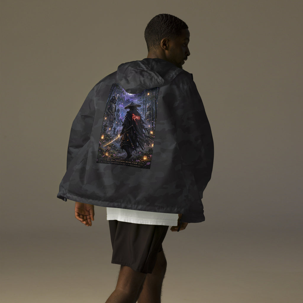 Bamboo Moon Ronin Windbreaker, black camo back: back print of a straw-hat ronin with a glowing katana in a moonlit lantern bamboo grove