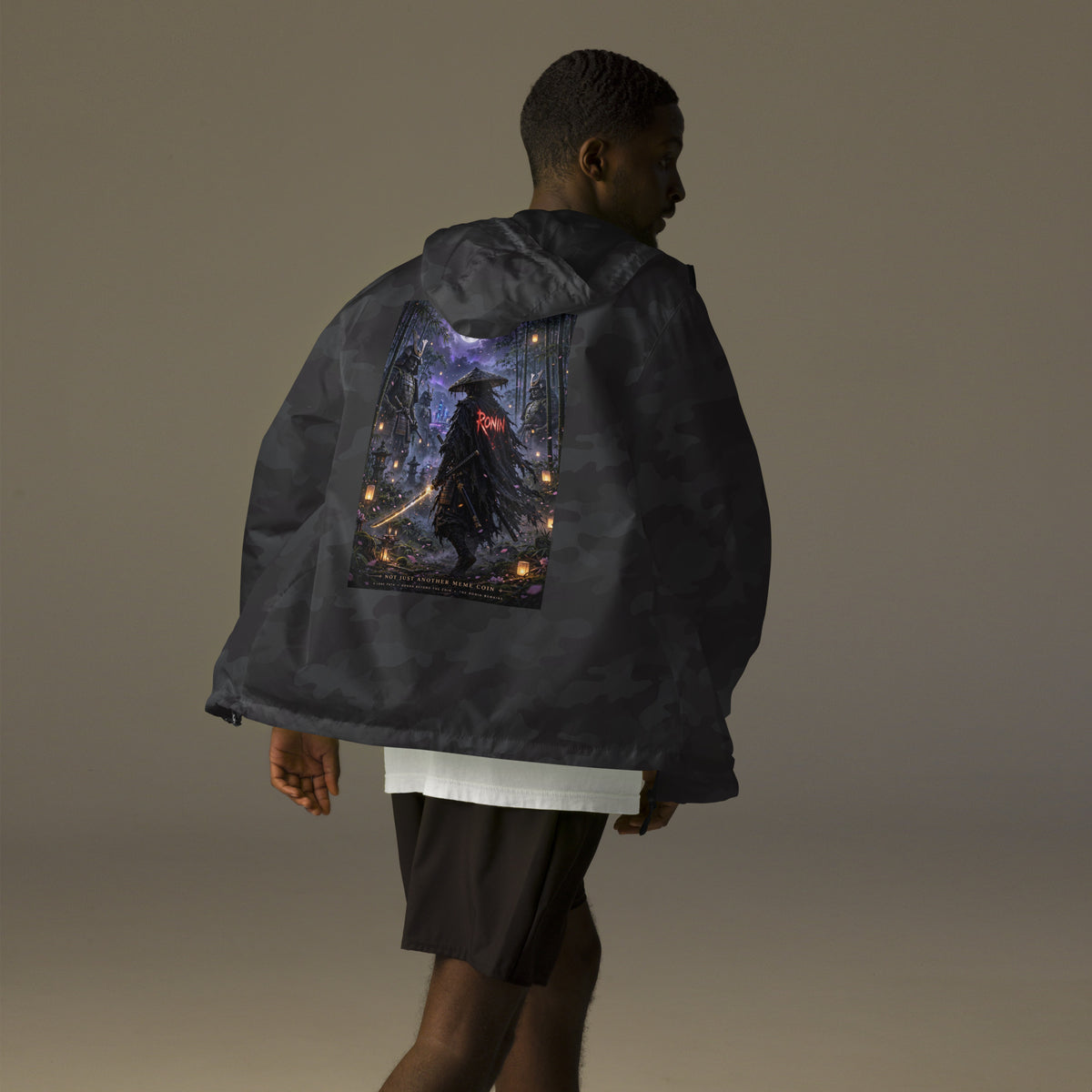 Bamboo Moon Ronin Windbreaker, black camo back: back print of a straw-hat ronin with a glowing katana in a moonlit lantern bamboo grove