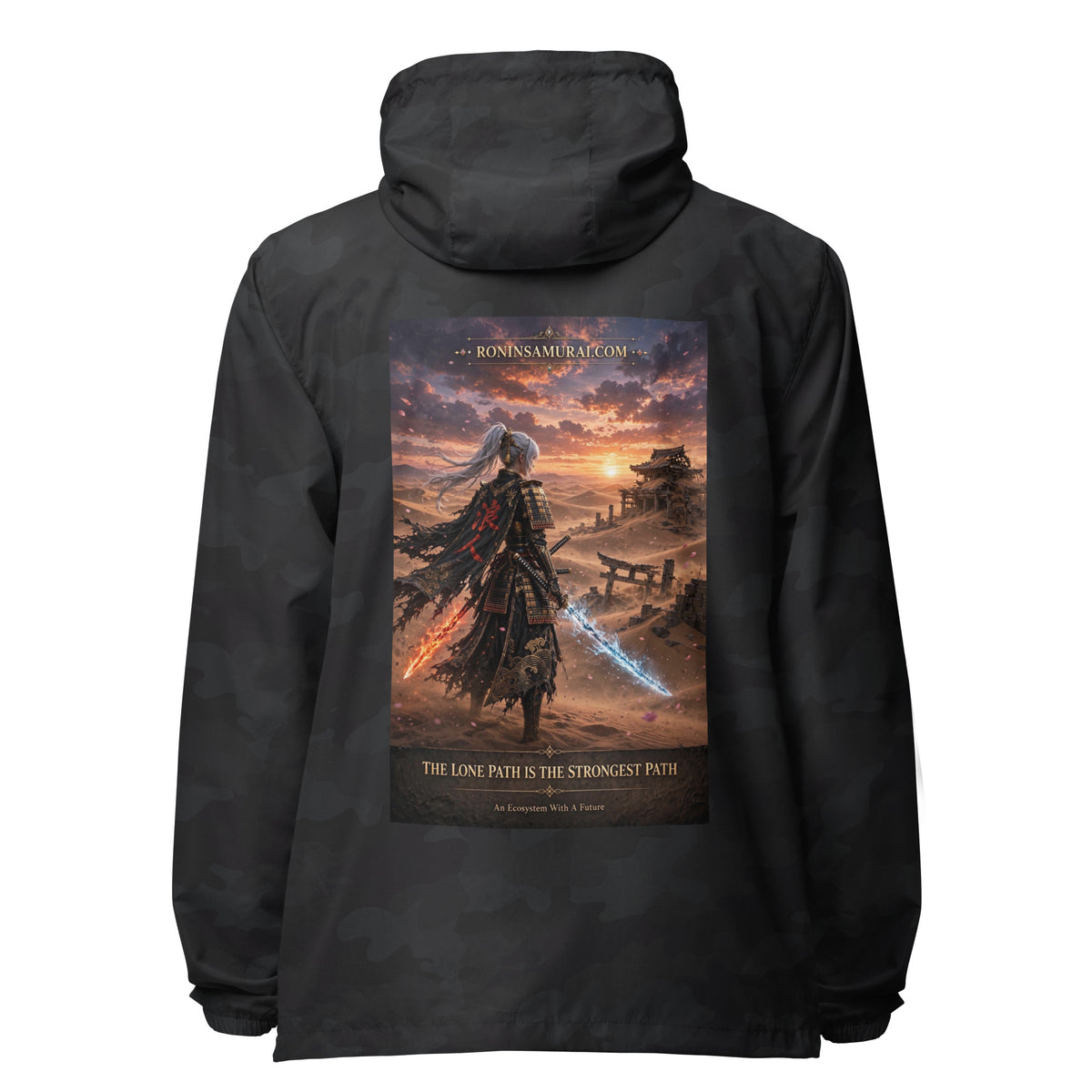 Lone Path Ronin Windbreaker, black camo back: back print of a white-haired samurai with fire and ice blades in a sunset desert
