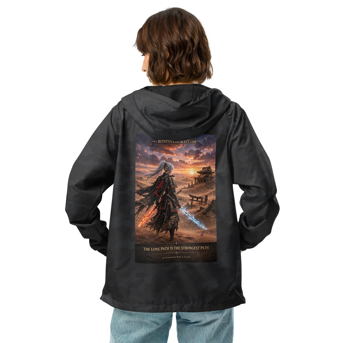 Lone Path Ronin Windbreaker, black camo back: back print of a white-haired samurai with fire and ice blades in a sunset desert