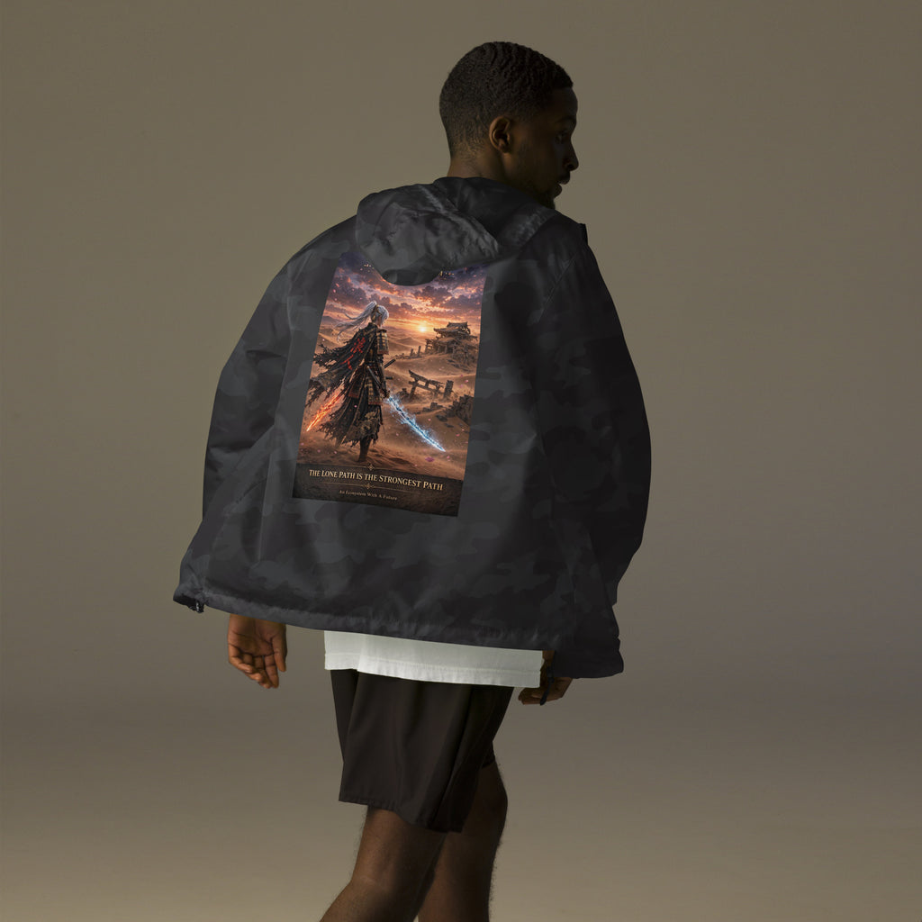 Lone Path Ronin Windbreaker, black camo back: back print of a white-haired samurai with fire and ice blades in a sunset desert