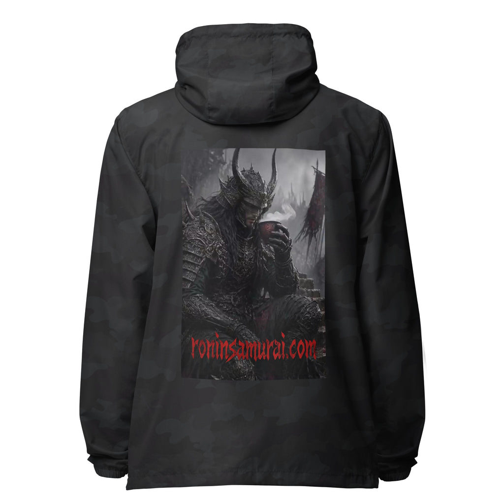 Warlord's Brew Windbreaker, black camo back: back print of a dark horned armored warlord sipping a steaming cup