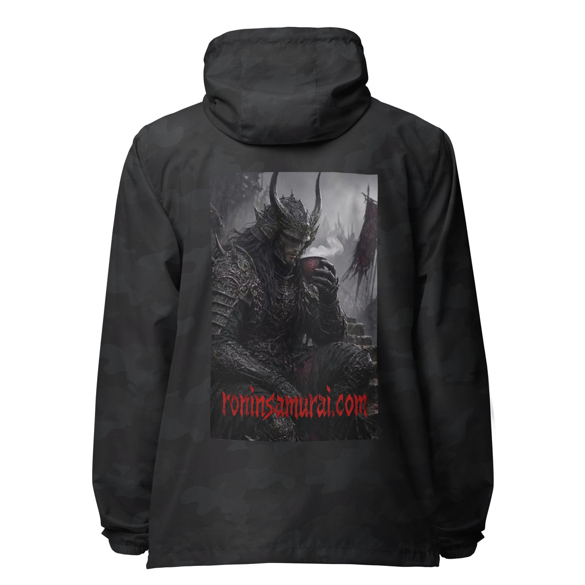 Warlord's Brew Windbreaker, black camo back: back print of a dark horned armored warlord sipping a steaming cup