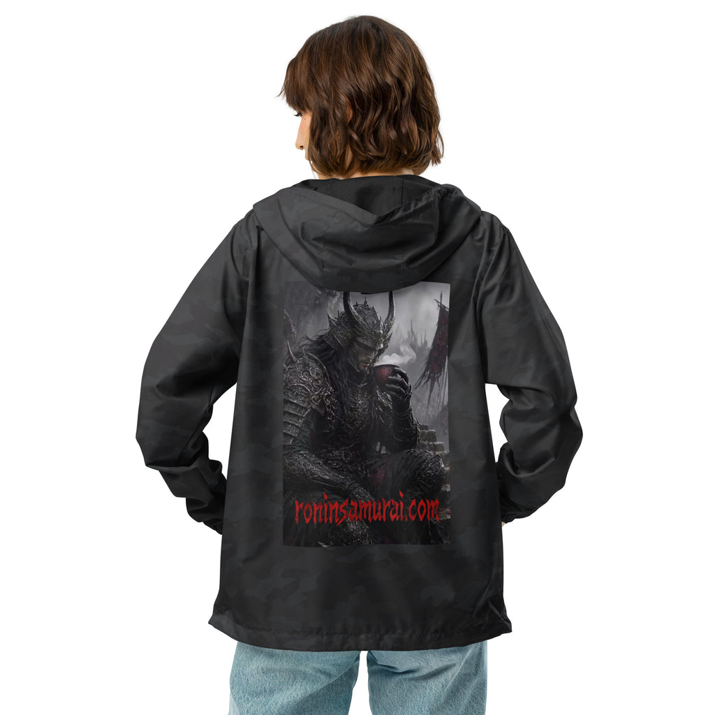 Warlord's Brew Windbreaker, black camo back: back print of a dark horned armored warlord sipping a steaming cup