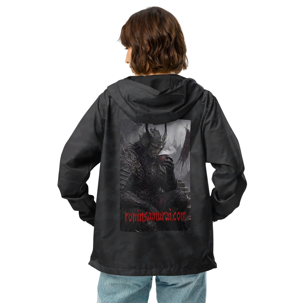 Warlord's Brew Windbreaker, black camo back: back print of a dark horned armored warlord sipping a steaming cup