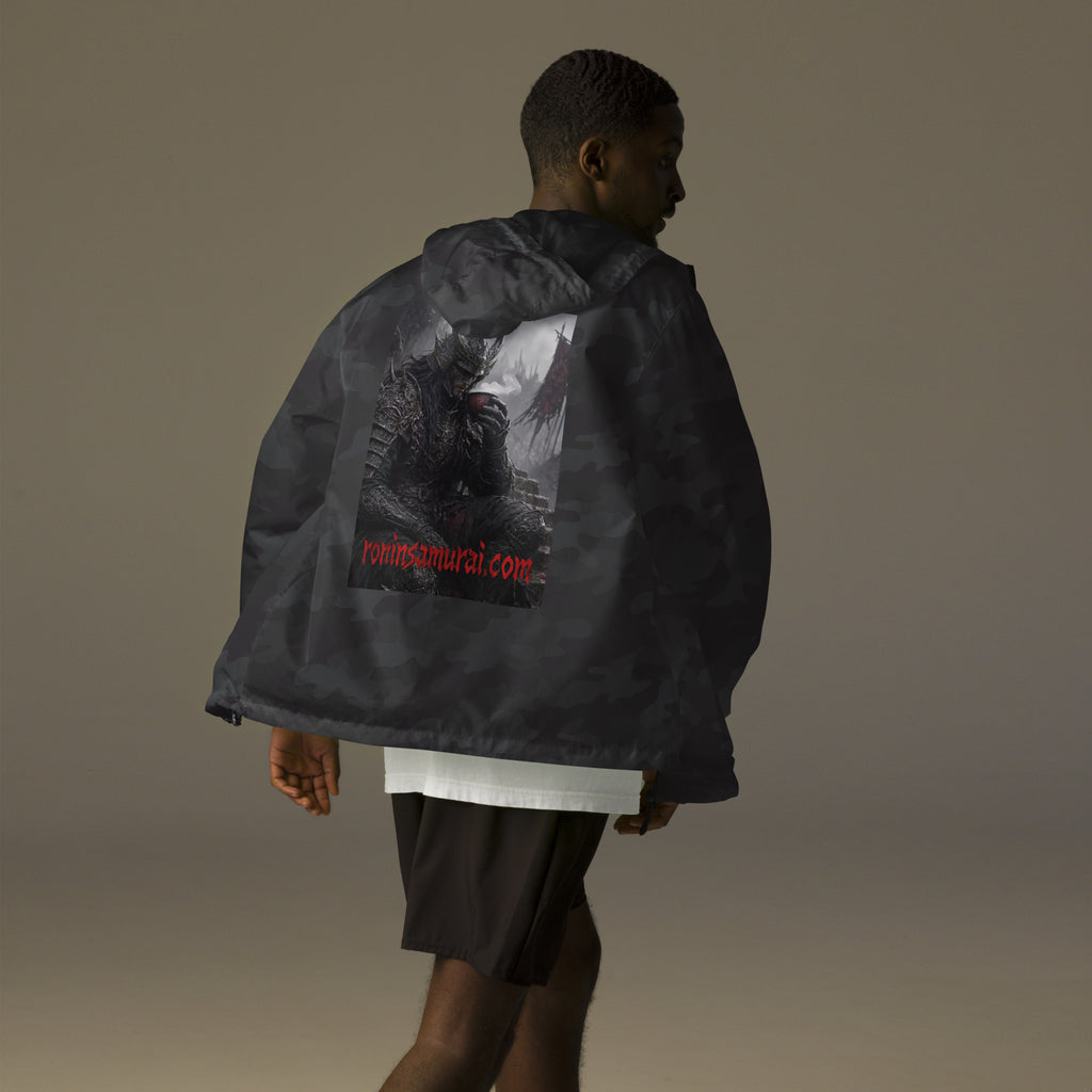 Warlord's Brew Windbreaker, black camo back: back print of a dark horned armored warlord sipping a steaming cup