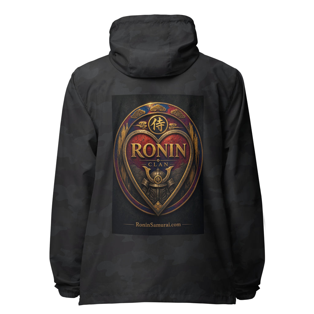 Royal Crest Ronin Clan Windbreaker, black camo back: gilded red-and-gold heart shield with the 侍 seal, RONIN CLAN and kabuto emblem