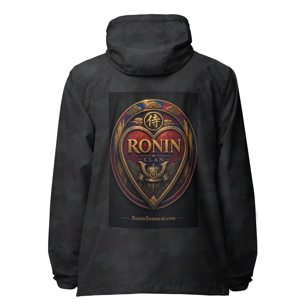 Royal Crest Ronin Clan Windbreaker, black camo back: gilded red-and-gold heart shield with the 侍 seal, RONIN CLAN and kabuto emblem