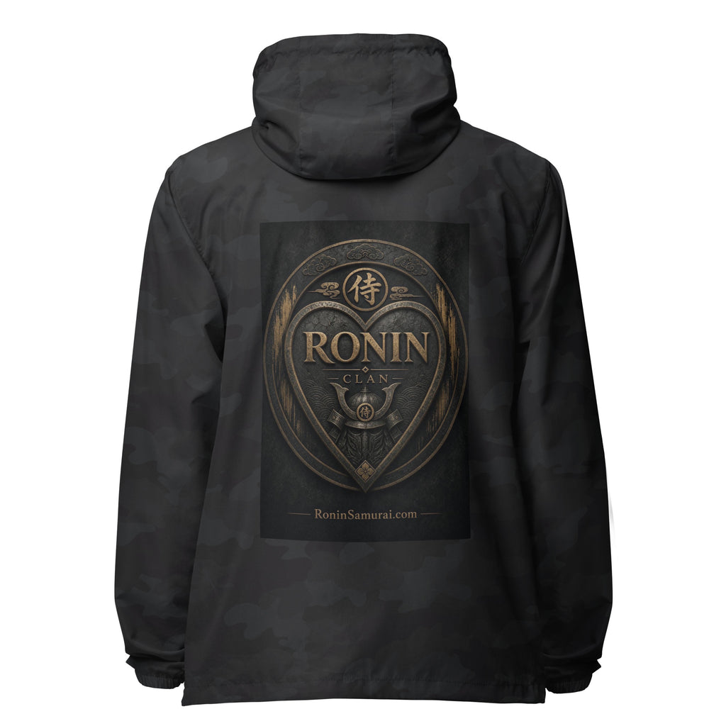 Bronze Crest Ronin Clan Windbreaker, black camo back: bronze heart shield with the 侍 seal, RONIN CLAN and a kabuto emblem