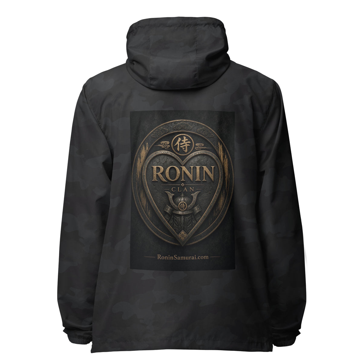 Bronze Crest Ronin Clan Windbreaker, black camo back: bronze heart shield with the 侍 seal, RONIN CLAN and a kabuto emblem