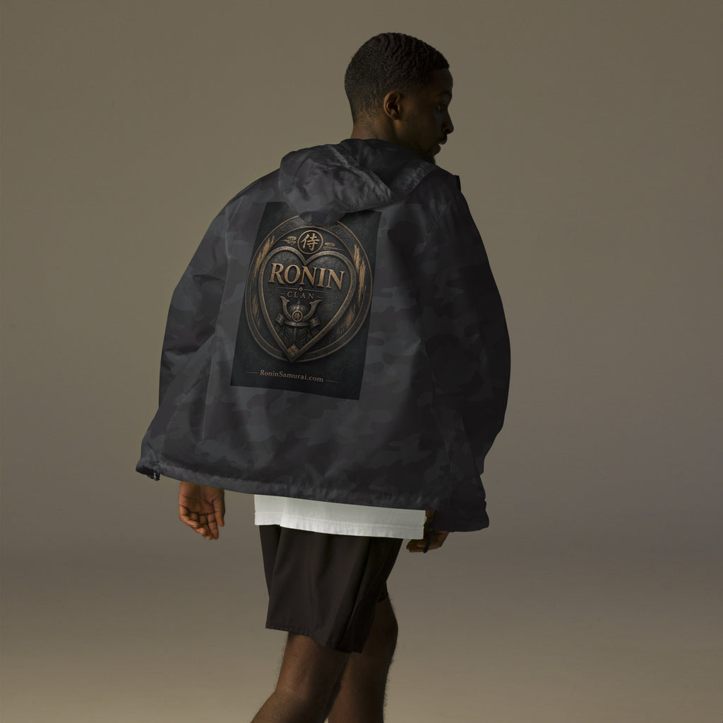 Bronze Crest Ronin Clan Windbreaker, black camo back: bronze heart shield with the 侍 seal, RONIN CLAN and a kabuto emblem