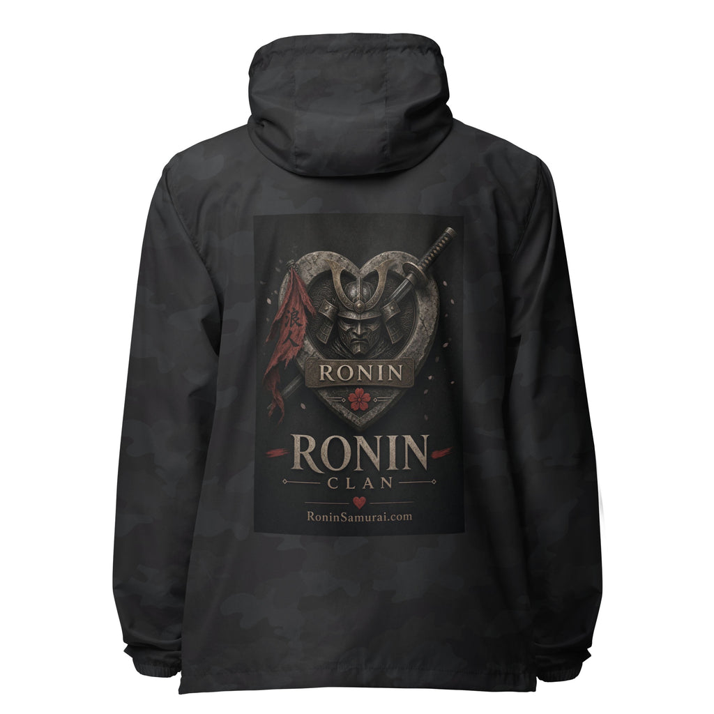 Kabuto Heart Ronin Clan Windbreaker, black camo back: stone heart with a masked kabuto warrior, katana and red banner, RONIN CLAN