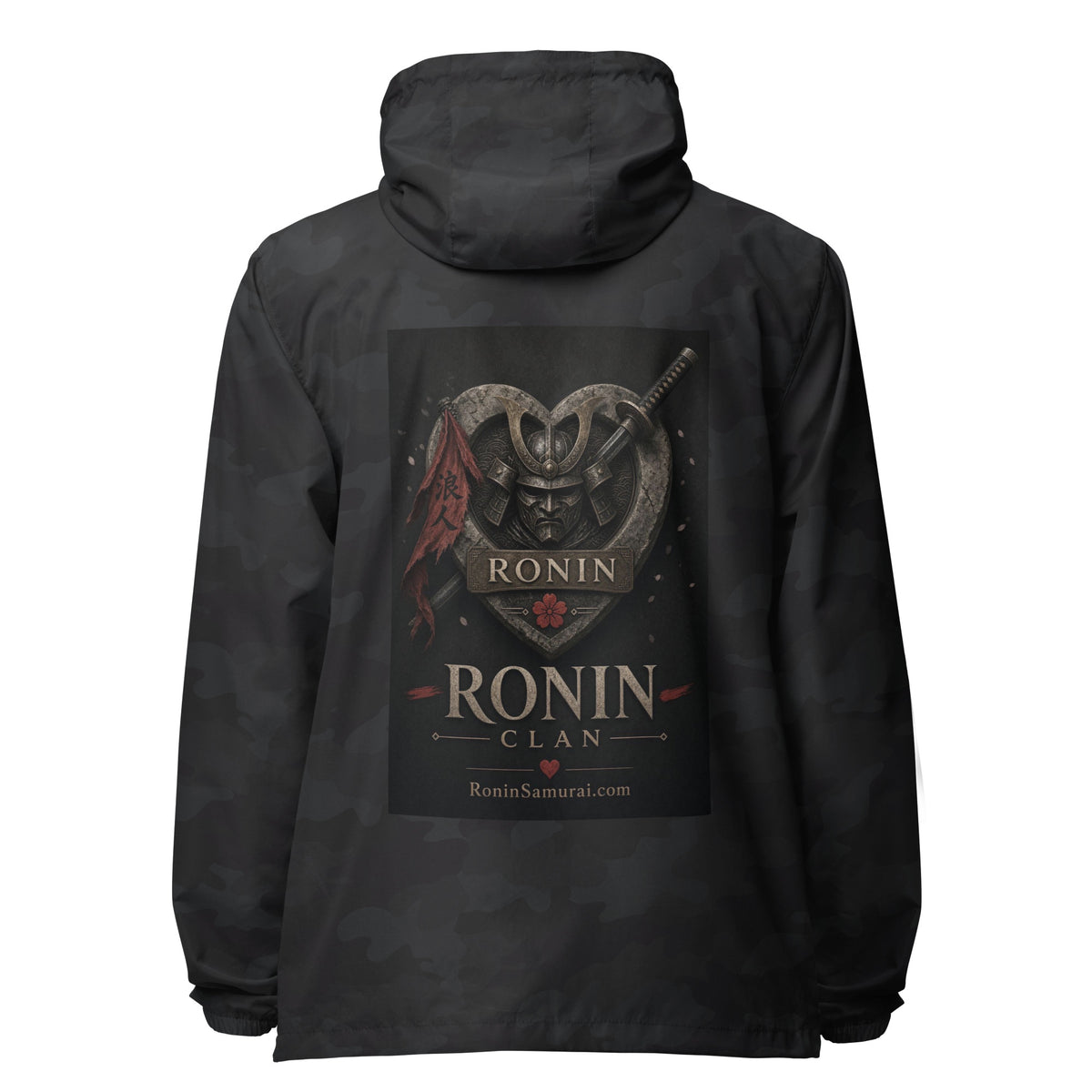 Kabuto Heart Ronin Clan Windbreaker, black camo back: stone heart with a masked kabuto warrior, katana and red banner, RONIN CLAN