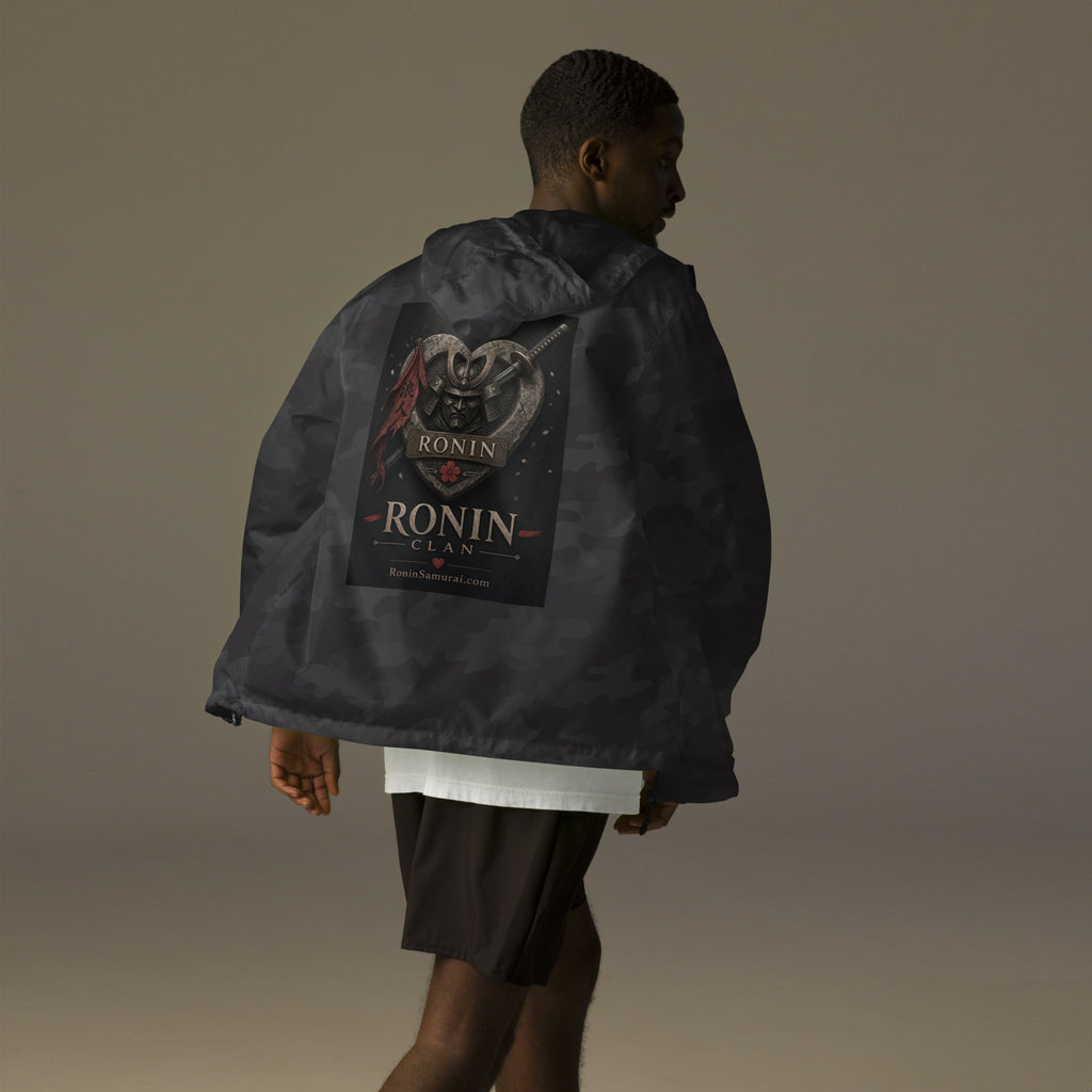 Kabuto Heart Ronin Clan Windbreaker, black camo back: stone heart with a masked kabuto warrior, katana and red banner, RONIN CLAN