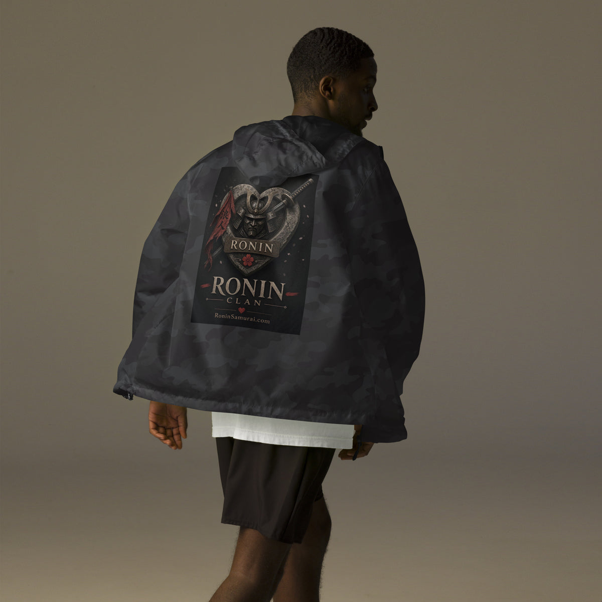 Kabuto Heart Ronin Clan Windbreaker, black camo back: stone heart with a masked kabuto warrior, katana and red banner, RONIN CLAN
