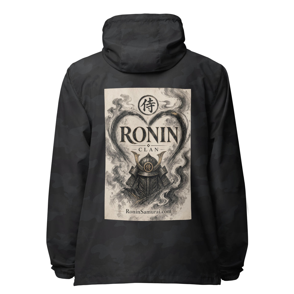 Ink Heart Ronin Clan Windbreaker, black camo back: ink-wash heart around a kabuto helmet on cream paper, 侍 seal and RONIN CLAN