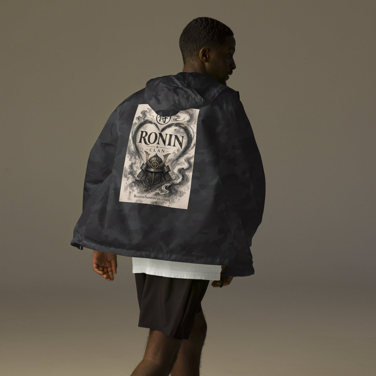 Ink Heart Ronin Clan Windbreaker, black camo back: ink-wash heart around a kabuto helmet on cream paper, 侍 seal and RONIN CLAN