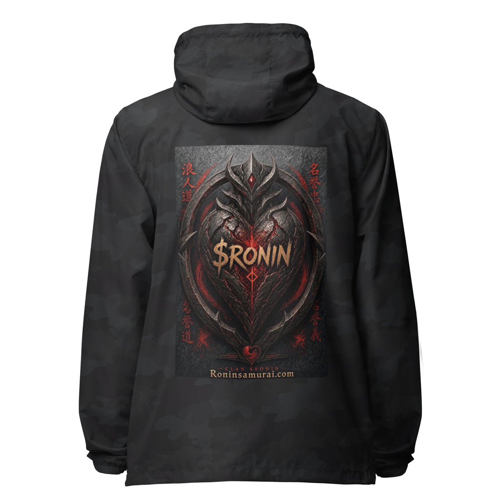Obsidian Heart Ronin Windbreaker, black camo back: spiked black armored heart with a glowing red core and $RONIN, red kanji at the sides