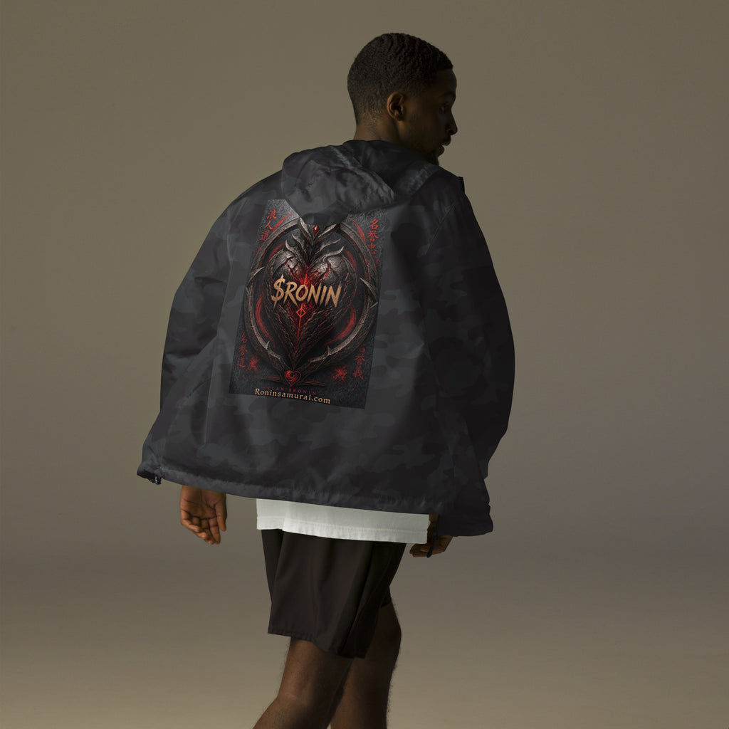 Obsidian Heart Ronin Windbreaker, black camo back: spiked black armored heart with a glowing red core and $RONIN, red kanji at the sides