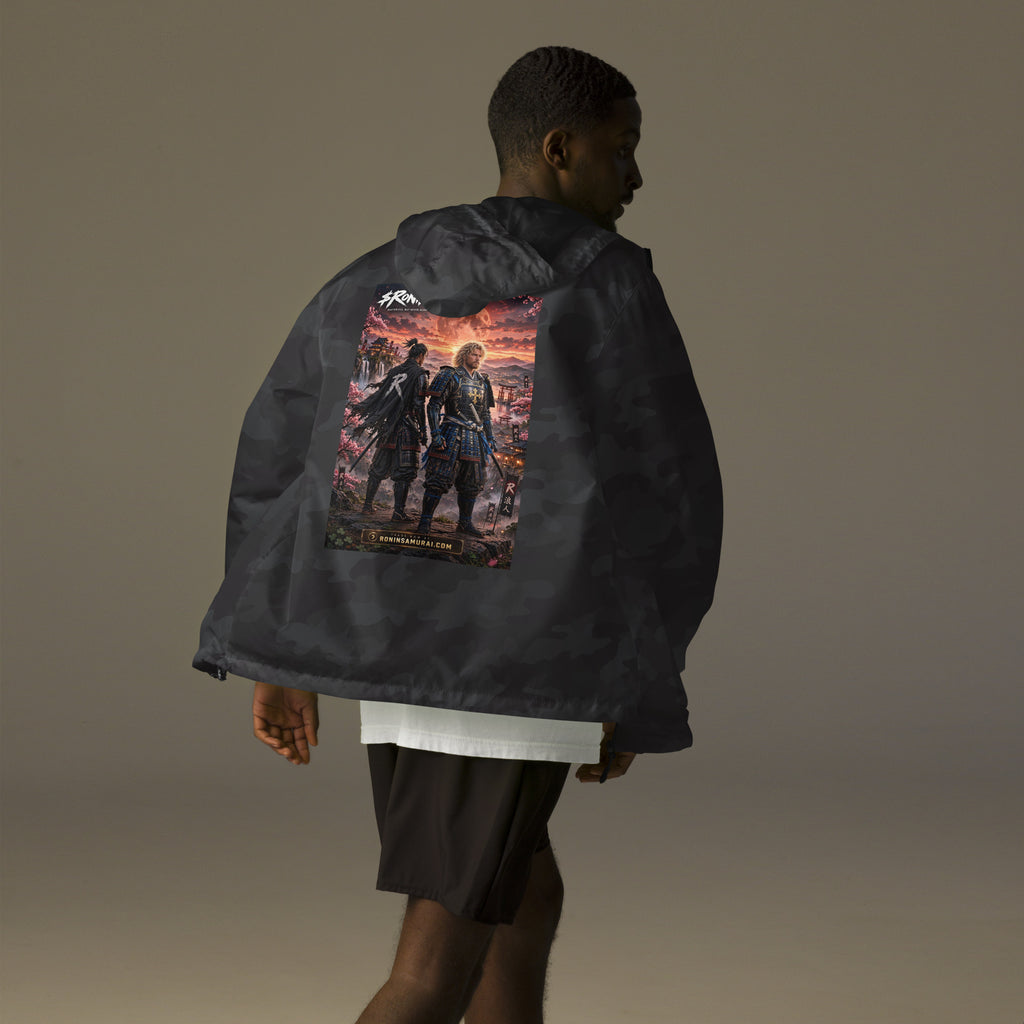 Sworn Brothers Ronin Windbreaker, black camo back: two warriors, a dark-haired ronin and a golden-haired samurai in blue armor, under a blood-red moon with a white $RONIN