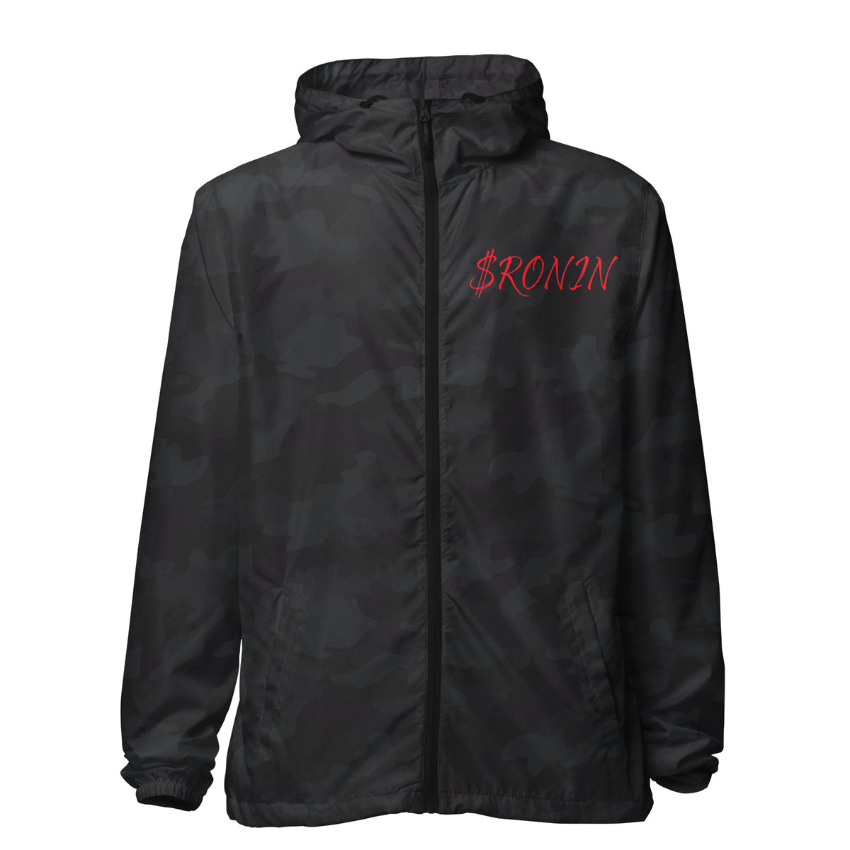 Royal Crest Ronin Clan Windbreaker, black camo front: red script $RONIN on the left chest