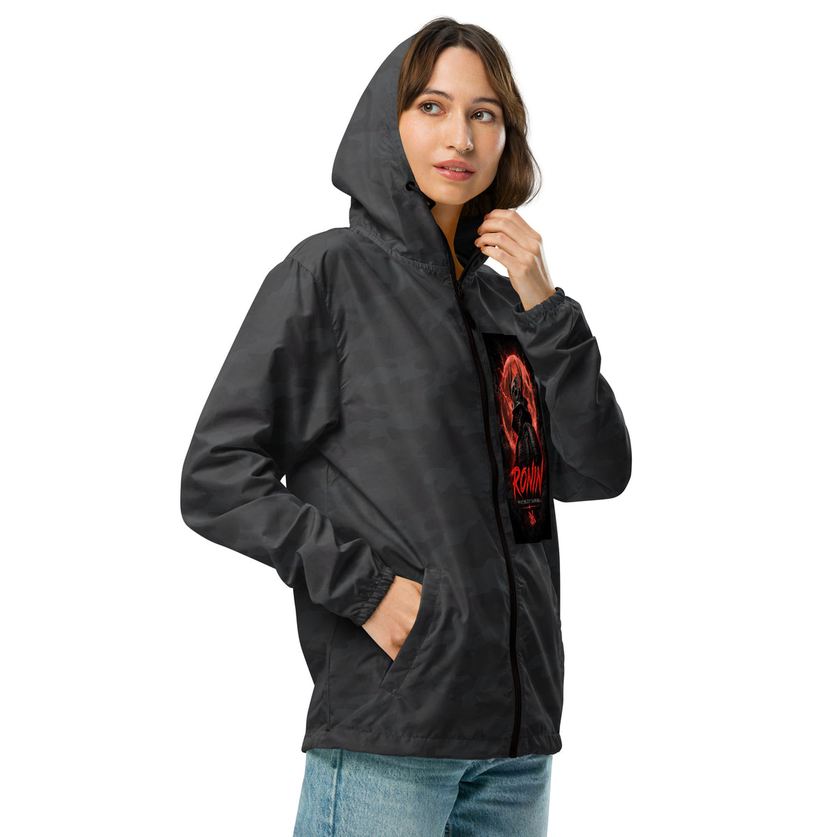 Samurai Rubber Duck Windbreaker, black camo right front: Blood Moon RONIN samurai art on the left chest