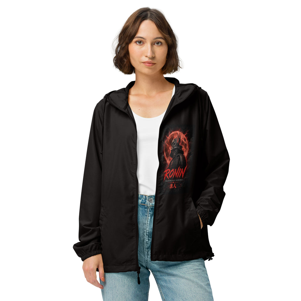Warlord's Brew Windbreaker, black front: Blood Moon RONIN samurai art on the left chest