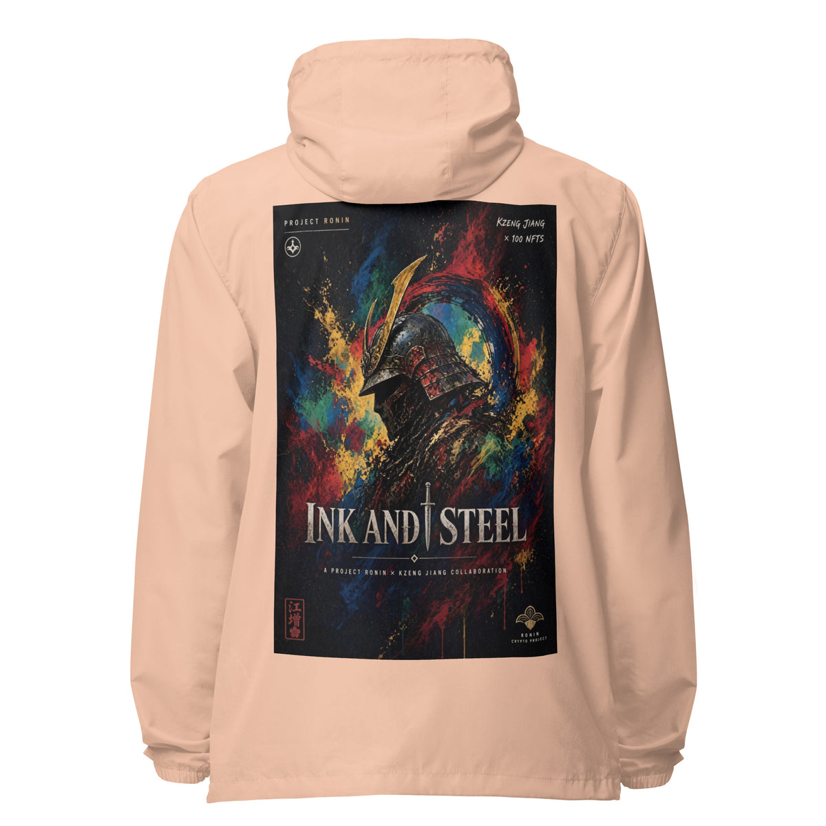 Ink and Steel Samurai Windbreaker, blush white zipper back: back print of a samurai in a gold-crested helmet amid paint splashes, INK AND STEEL