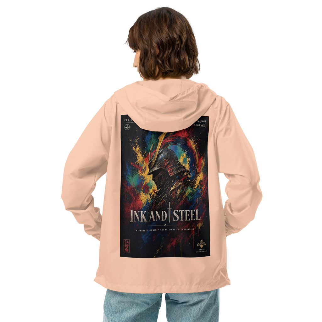 Ink and Steel Samurai Windbreaker, blush white zipper back: back print of a samurai in a gold-crested helmet amid paint splashes, INK AND STEEL