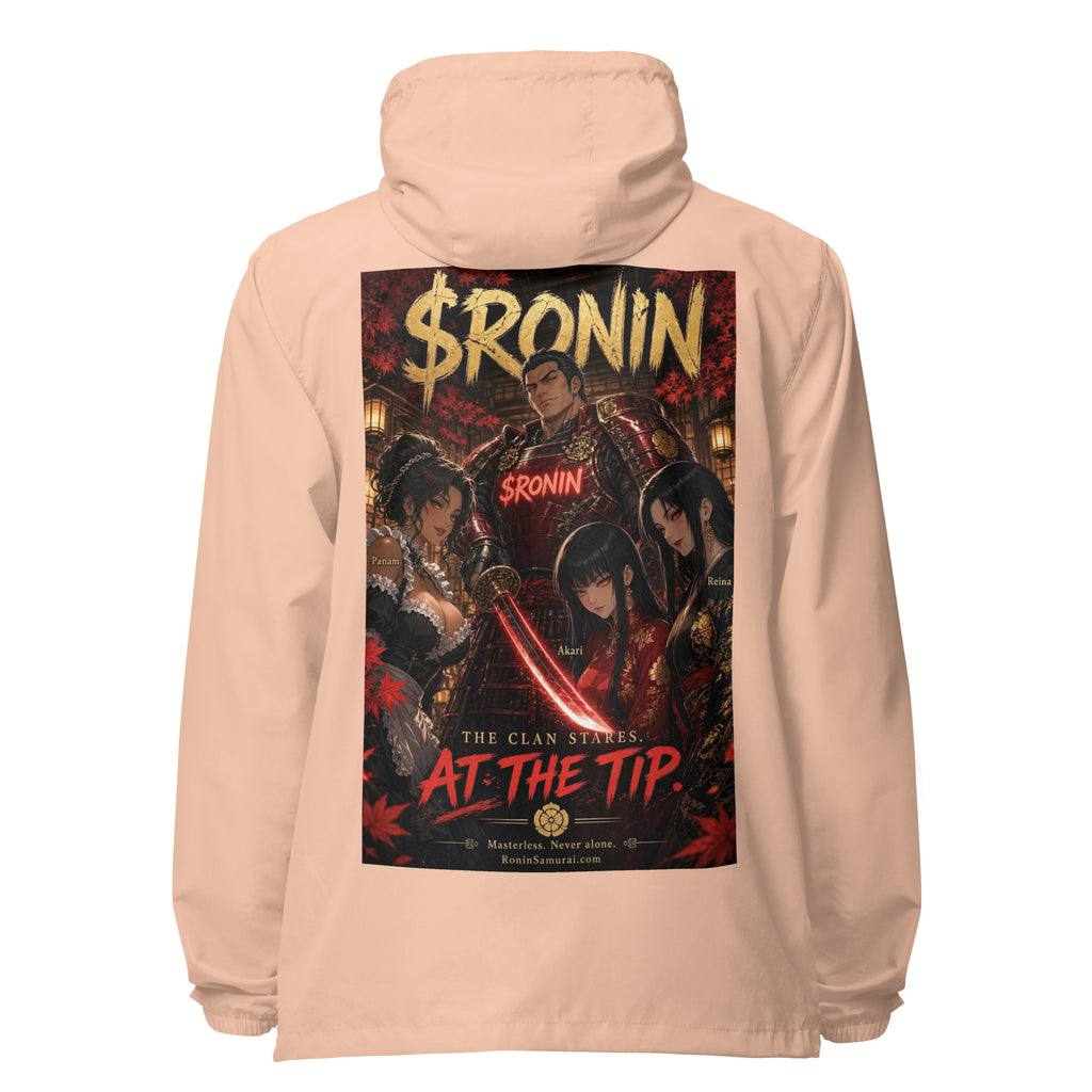 Clan at the Tip Windbreaker, blush white zipper back: back print of a red-armored samurai with three swordswomen, THE CLAN AT THE TIP