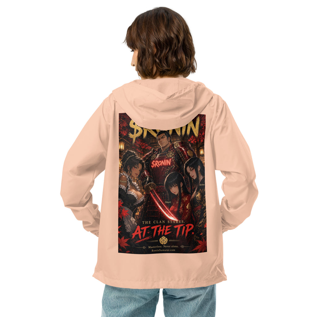 Clan at the Tip Windbreaker, blush white zipper back: back print of a red-armored samurai with three swordswomen, THE CLAN AT THE TIP