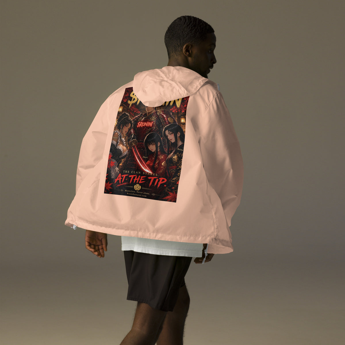 Clan at the Tip Windbreaker, blush white zipper back: back print of a red-armored samurai with three swordswomen, THE CLAN AT THE TIP