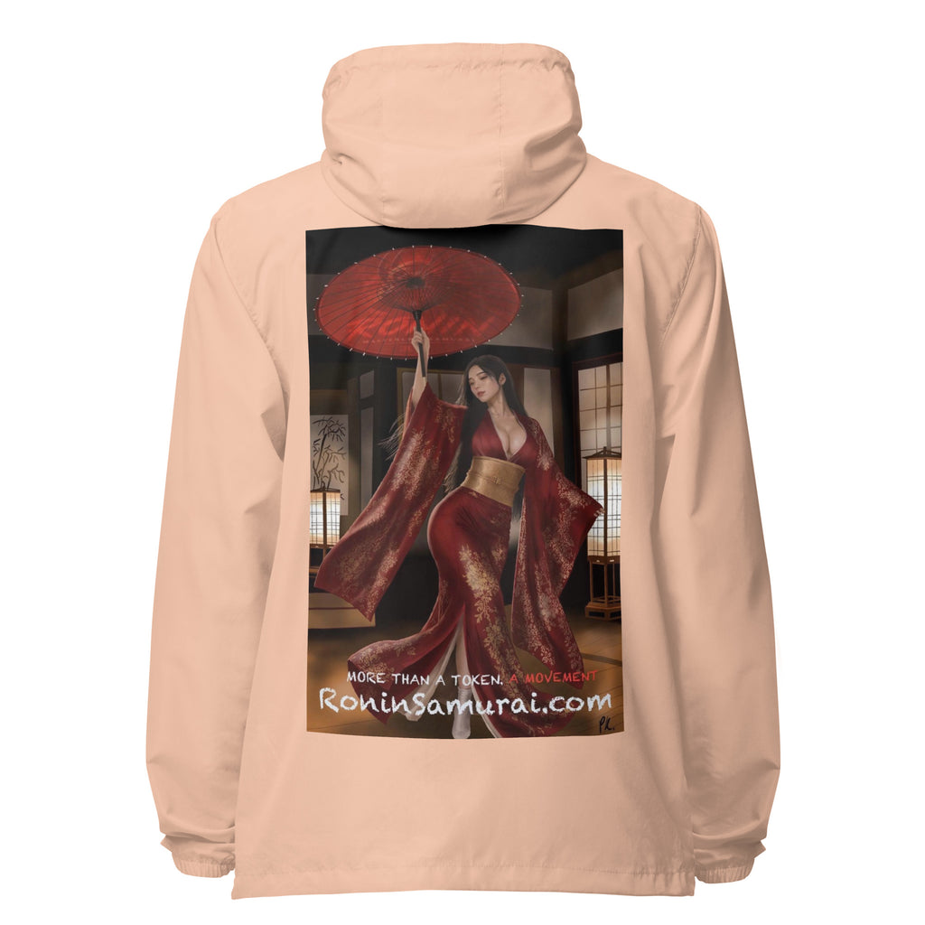 Red Parasol Ronin Windbreaker, blush white zipper back: back print of a woman in a red kimono holding a red parasol in a shoji room
