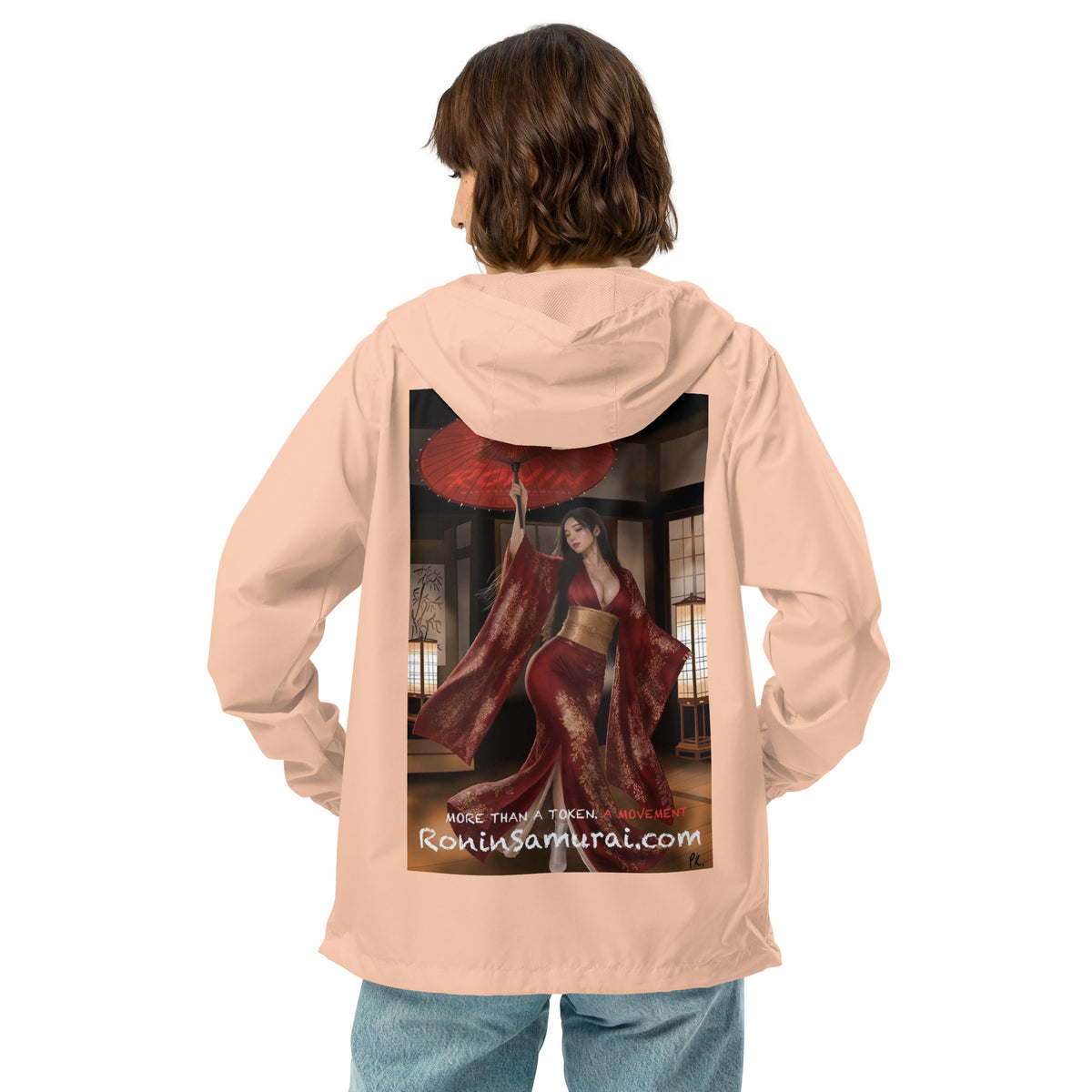 Red Parasol Ronin Windbreaker, blush white zipper back: back print of a woman in a red kimono holding a red parasol in a shoji room