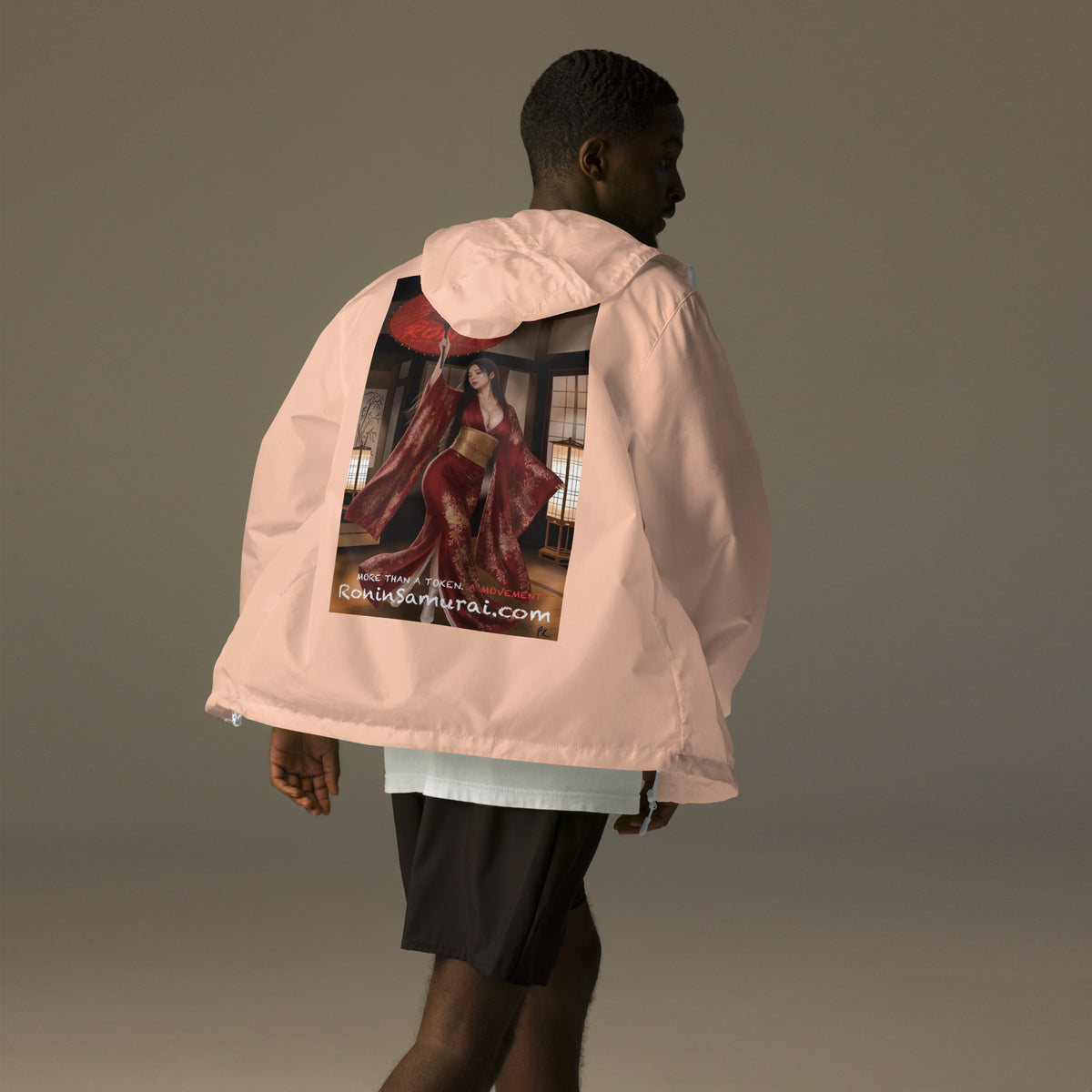 Red Parasol Ronin Windbreaker, blush white zipper back: back print of a woman in a red kimono holding a red parasol in a shoji room