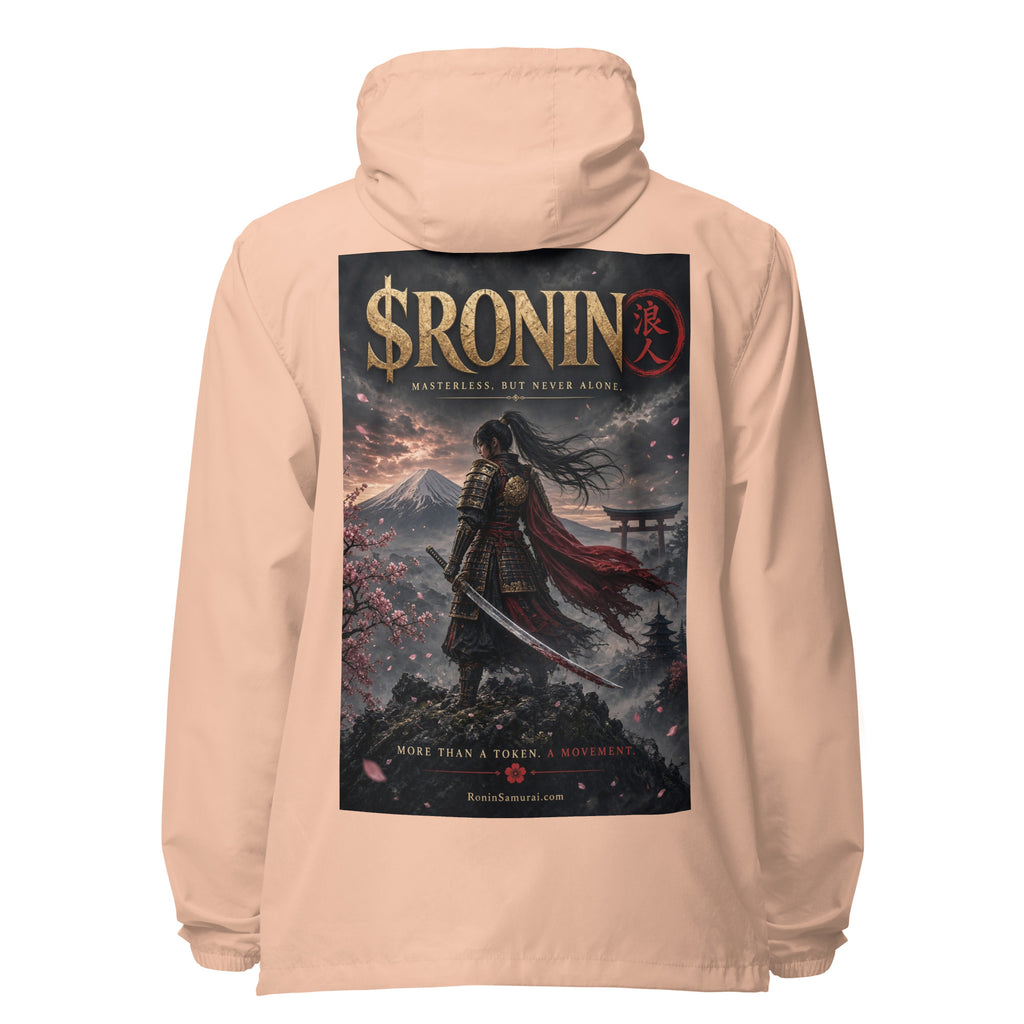 Torii Ridge Ronin Windbreaker, blush white zipper back: back print of a caped female samurai on a ridge facing Fuji and a torii under gold $RONIN