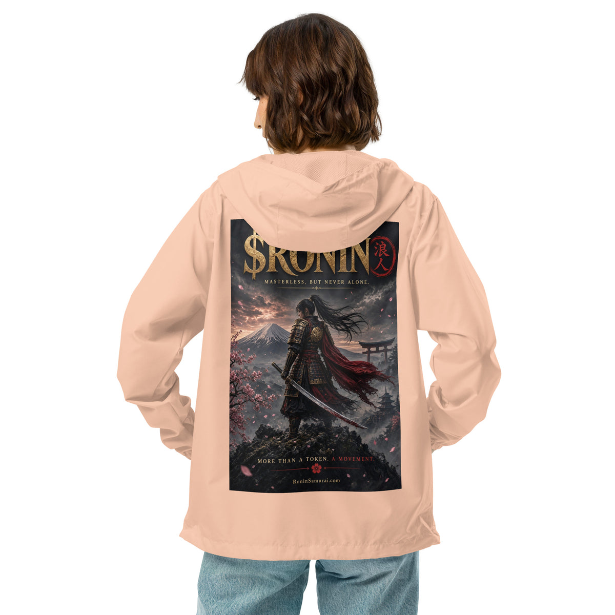 Torii Ridge Ronin Windbreaker, blush white zipper back: back print of a caped female samurai on a ridge facing Fuji and a torii under gold $RONIN