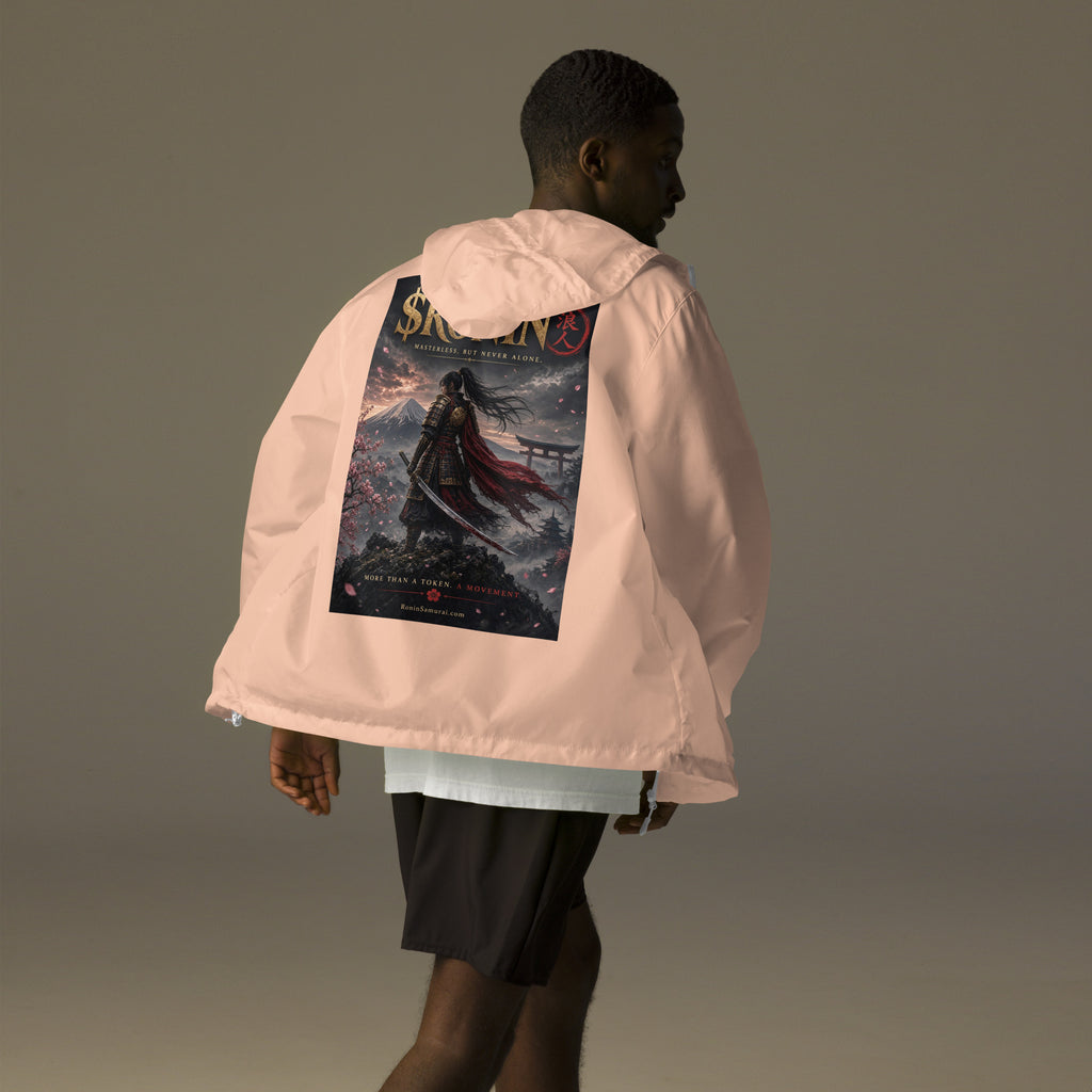 Torii Ridge Ronin Windbreaker, blush white zipper back: back print of a caped female samurai on a ridge facing Fuji and a torii under gold $RONIN